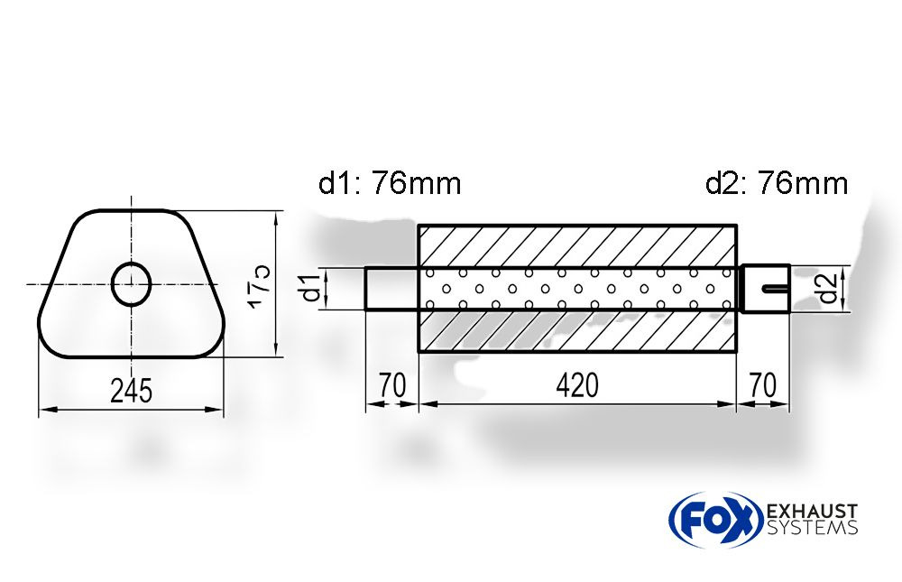 UNI-71142076S_1000x645 Fox Exhaust Silenciador trapezoidal universal con espiga - dimensiones 711 245 x 175 mm, diámetro exterior d1Ø 76 mm - diámetro interior d2Ø 76 mm - longitud: 420 mm - Imagen 1