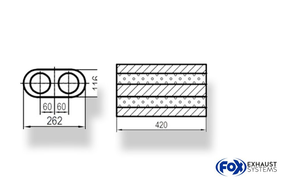UNI-D65042063_1000x645 Fox Exhaust Silenciador ovalado universal de doble flujo - dimensiones 650 262x116 mm, d1Ø 63,5 mm, longitud: 420 mm - Imagen 1