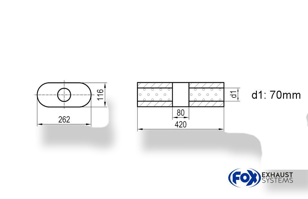 UNI-K65042070o_1000x645 Fox Exhaust Silenciador ovalado universal sin espiga, con cámara - Def. 650 mm, 262 x 116 mm, d1Ø 70 mm, Longitud: 420 mm - Imagen 1