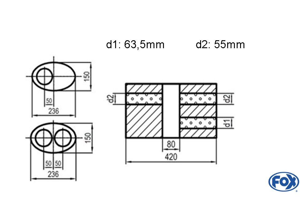 UNI-V1K6184206355_1000x645 Fox Exhaust Silenciador ovalado universal de doble flujo con cámara - desarrollo 618 236x150mm, d1Ø 63,5mm d2Ø 55mm, longitud: 420mm - variante 1 - Imagen 1