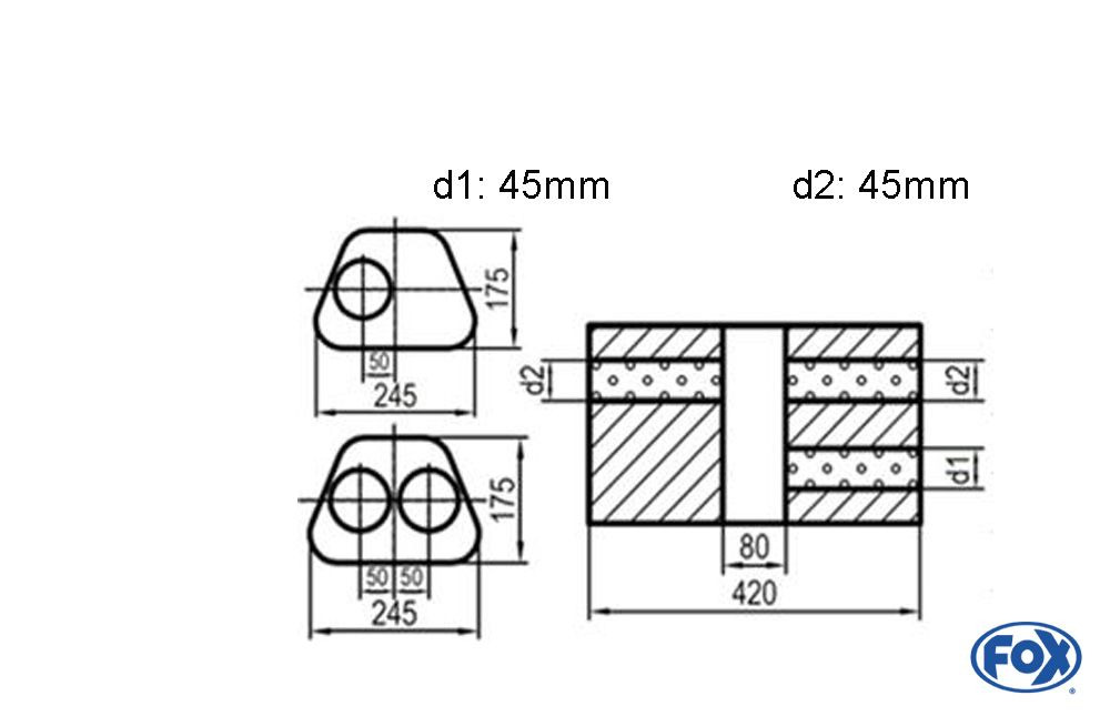 UNI-V1K7114204545_1000x645 Fox Exhaust Silenciador trapezoidal universal de doble flujo con cámara - Def. 711 245x175mm, d1Ø 45mm d2Ø 40mm, Longitud: 420mm - Variante 1 - Imagen 1
