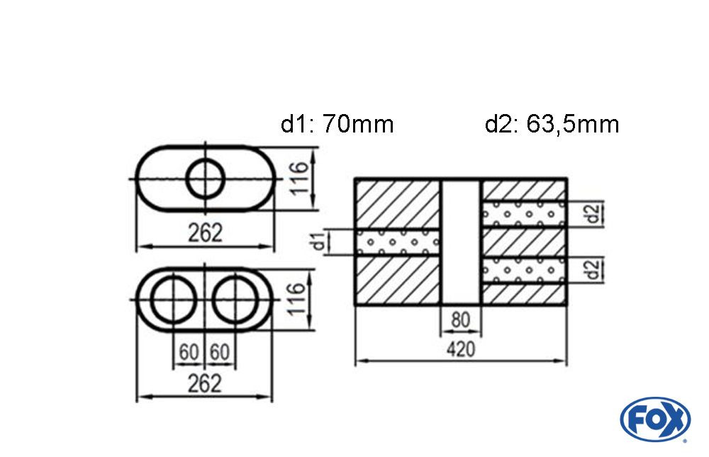 UNI-V2K6504207063_1000x645 Fox Exhaust Silenciador ovalado universal de doble flujo con cámara - Def. 650 262x116mm, d1Ø 70mm d2Ø 63.5mm, Longitud: 420mm - Variante 2 - Imagen 1