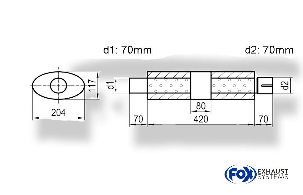 UNI-k52542070s_1000x645 Fox Exhaust Silenciador ovalado universal con cámara y boquilla - Def. 525 204x117mm, d1Ø 70mm (exterior), d2Ø 70mm (interior), Longitud: 420mm - Imagen 1